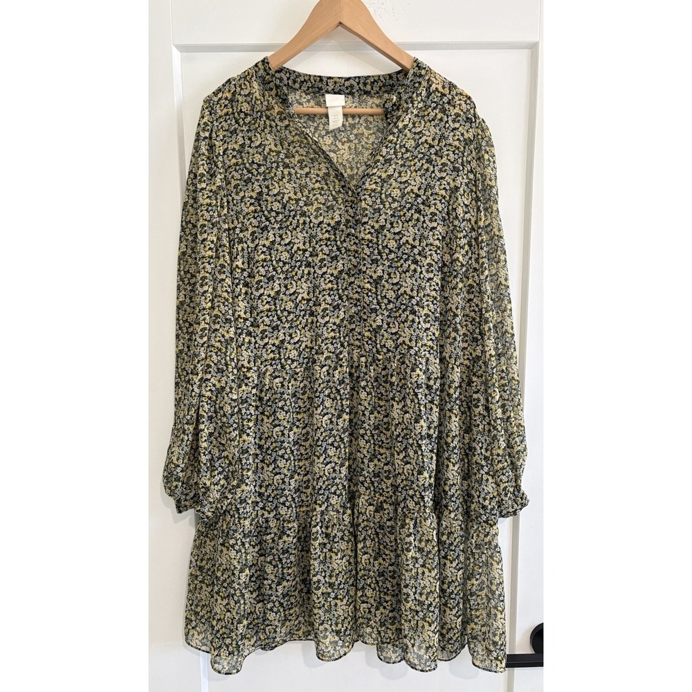 H&M Floral Chiffon Tiered Mini Dress Long Puff Sleeve Boho Ditsy Print Size M
